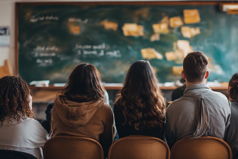 Several students sit in chairs facing a chalkboard covered with blurred notes and writing, suggesting a classroom or tutoring session. The students appear attentive and engaged, with a warm and focused atmosphere in the room. The background is softly lit, creating a sense of concentration and collaboration.